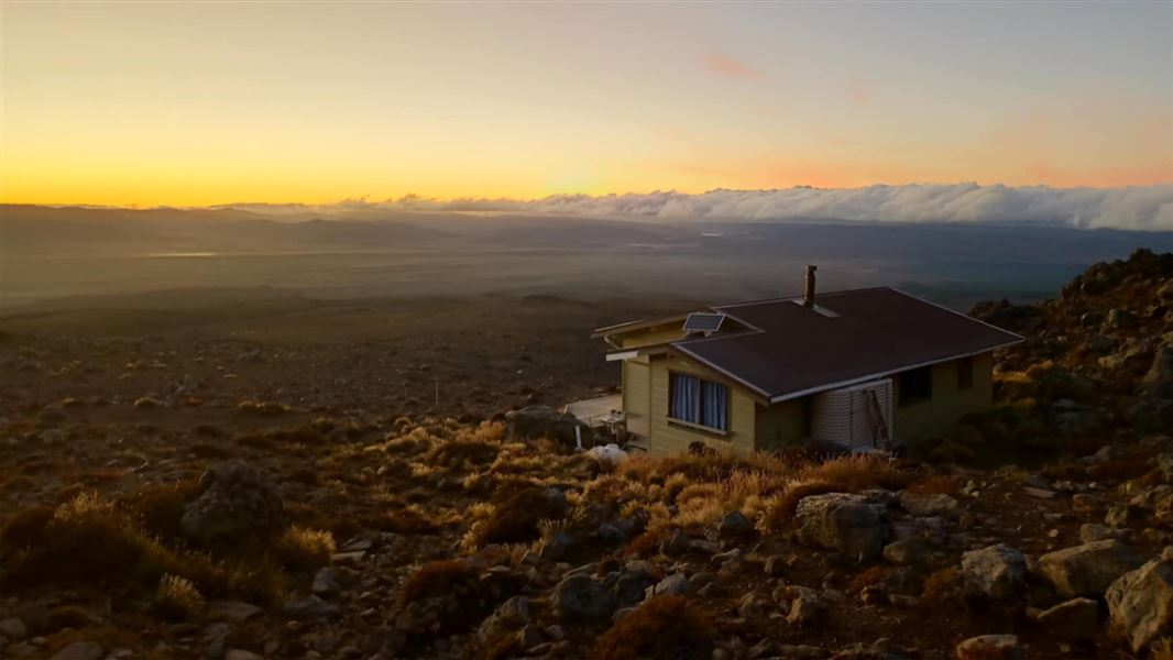 View out from Rangipo Hut at sunset.