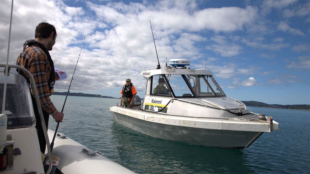A white boat with DOC logo approaching a fisherman standing on a boat with a fishing rod. 
