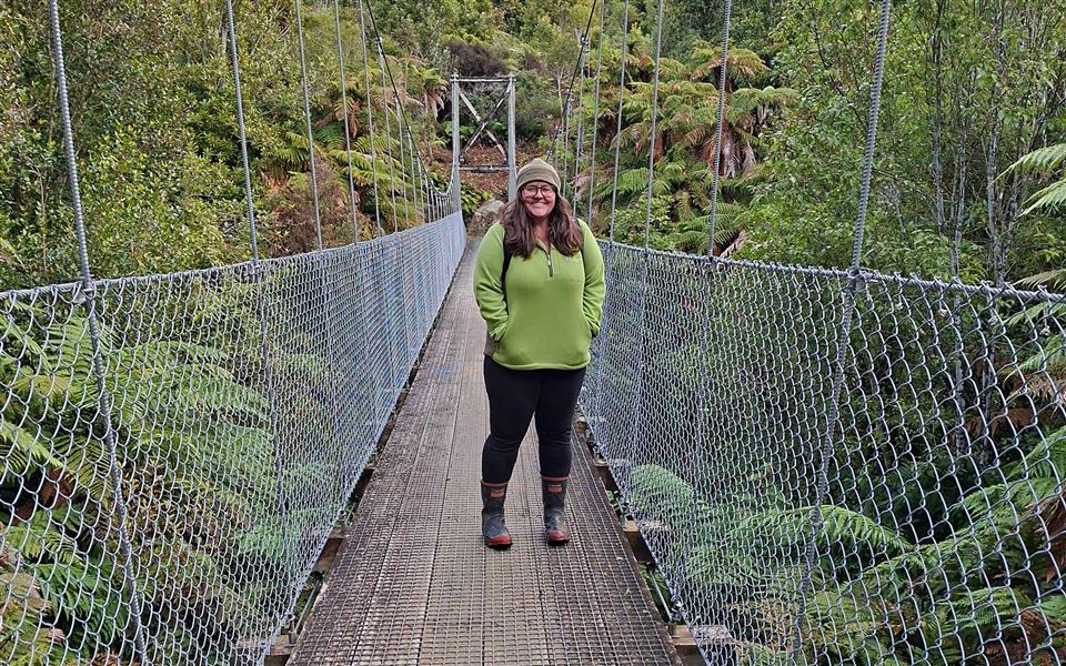 Jessie on the Waione Suspension Bridge. 