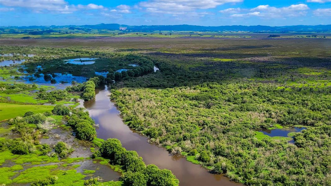 A canal of brown water running through green marshes and scrub with a blue sky and clouds above. 