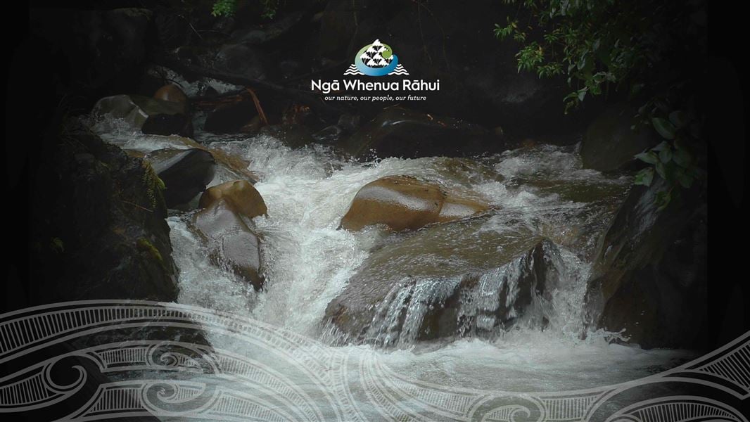 Ngā Whenua Rāhui logo on image of a flowing river..
