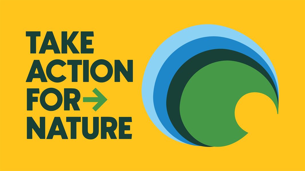 'Take action for nature' message alongside a motif of a stylised kiwi.