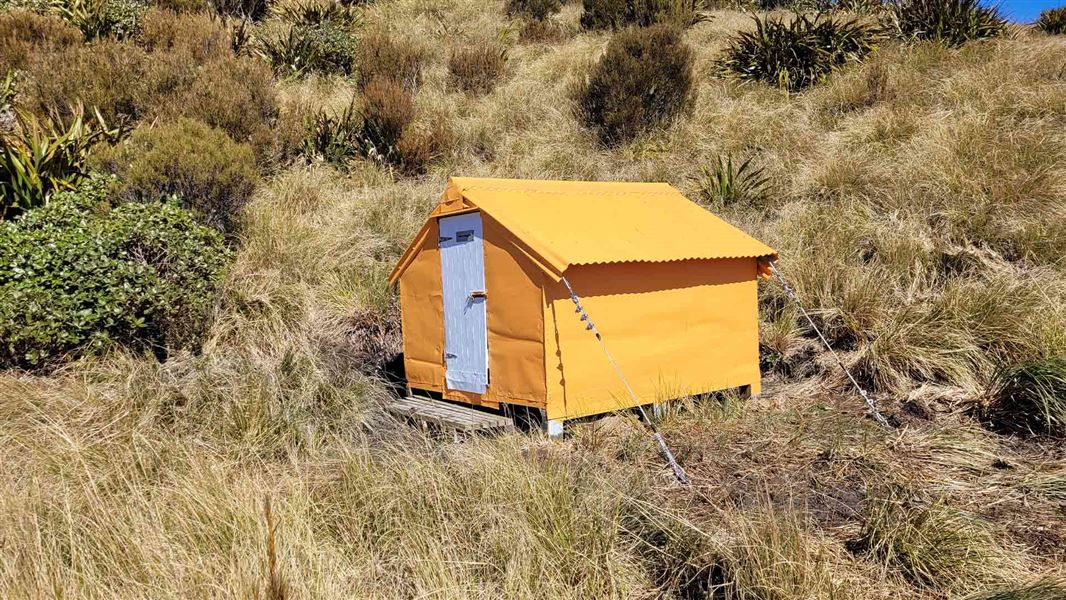 A small orange hut with a white door and small wooden step, set the bottom of a tussock covered hill. 