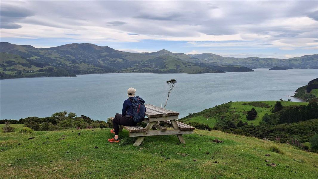 A person sitting at a picnic table high on the hills overlooking a water view. 