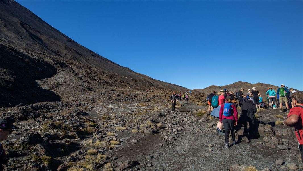 A group of people in walking gear with packs walking  on a mountainside with big blue sky beyond. 