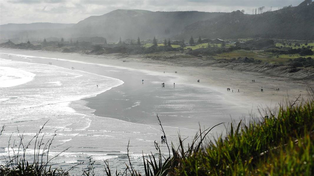 Landscape image of wind swept, black sand beach with people out walking in the distance. 