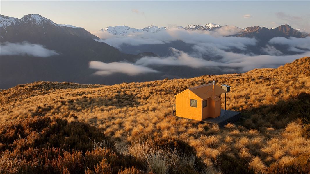 Mt Brown hut at dawn, West Coast.