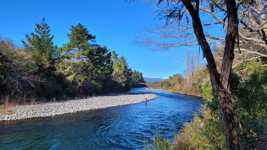 Sunny day with fisherman in waders fishing in  the Tongariro River.