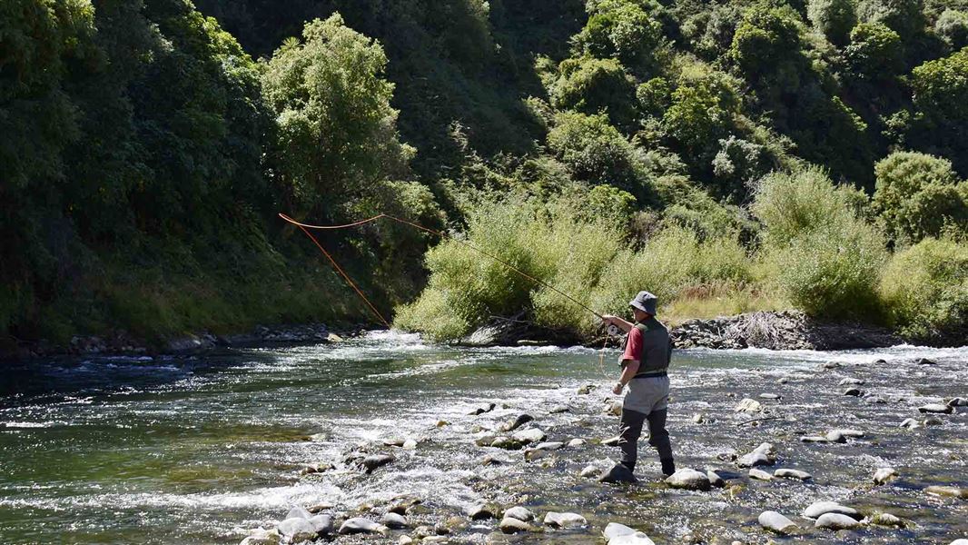 Person fly fishing on a shallow and stony river.