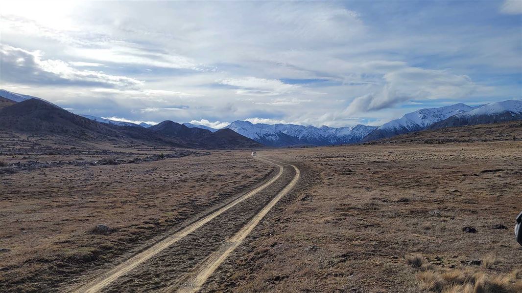 A 4WD track weaves through a bare landscape toward snow capped mountains.