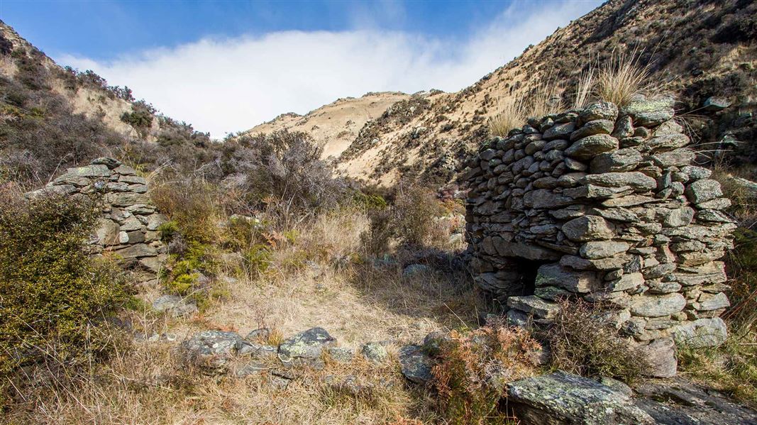 The stone remains of a hut surrounded by brambles in a rugged valley.